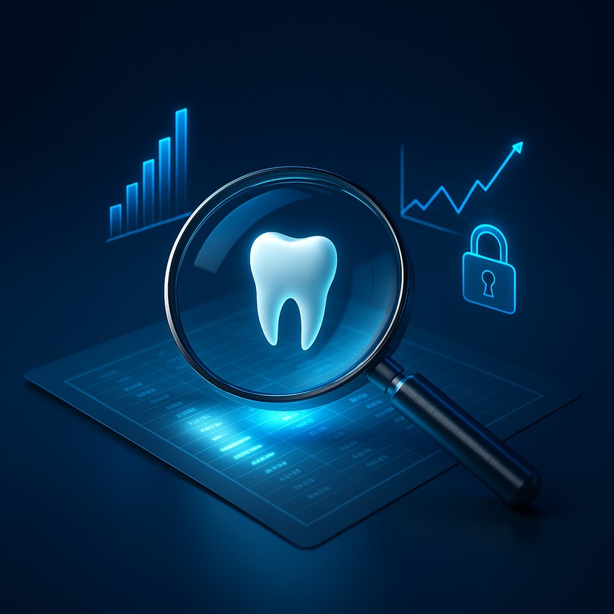 Forensic examination of dental practice finances — a magnifying glass over financial records, charts, and a secure padlock